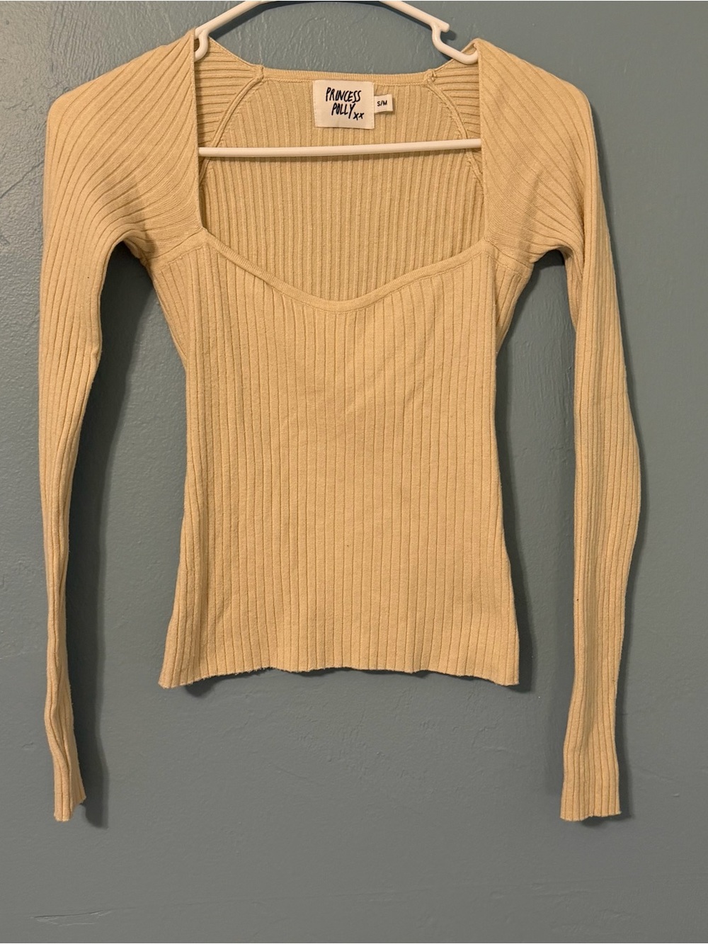 Princess Polly Cream Ribbed Long-Sleeve Sweetheart Neck Top